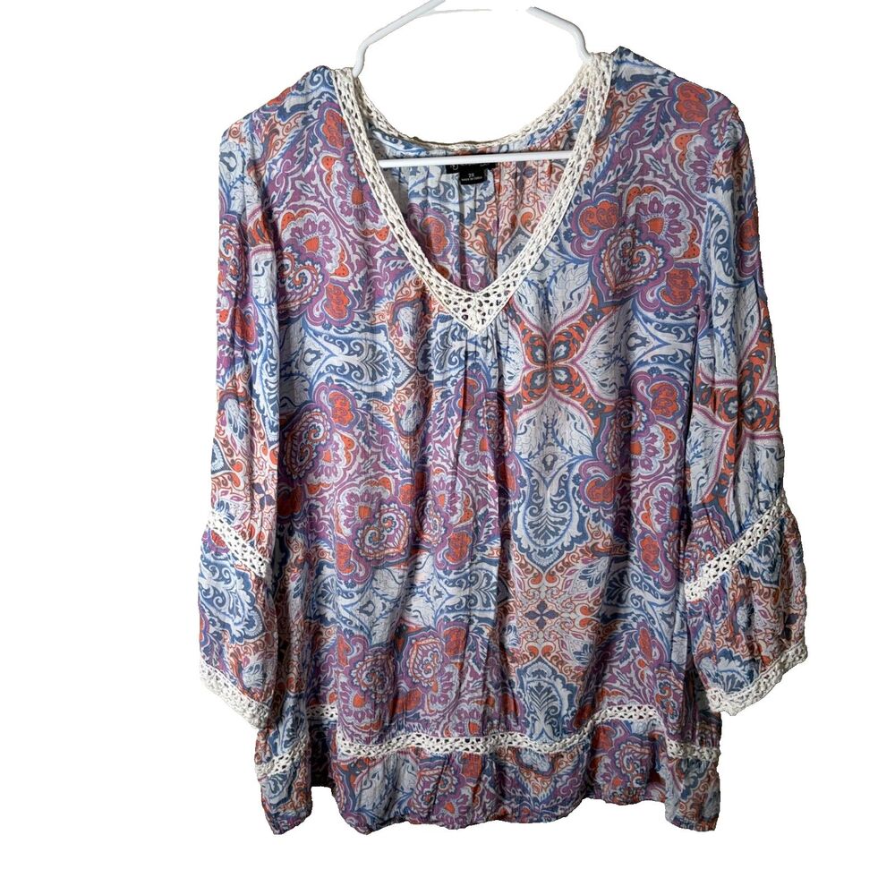 New Directions Blouse Women's 2X V-Neck Lace 3/4 Sleeve Colorful Boho Top Shirt